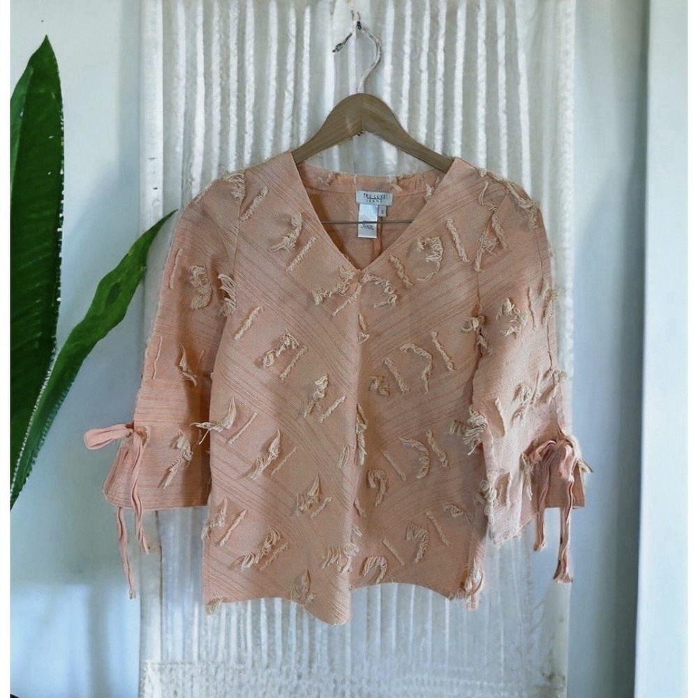 Tru Luxe Jeans Blouse Sz XL Peach 3/4 Sleeve Lagenlook‎ Boho Raw Accent Boxy